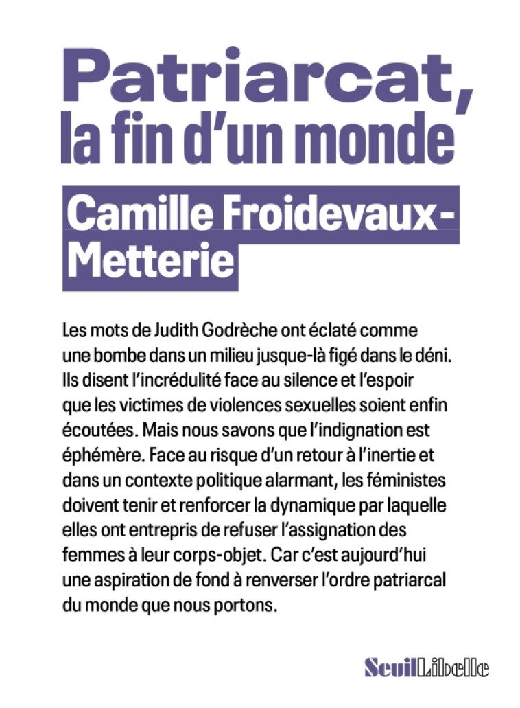 Patriarcat, la fin d'un monde - Camille Froidevaux-Metterie - SEUIL