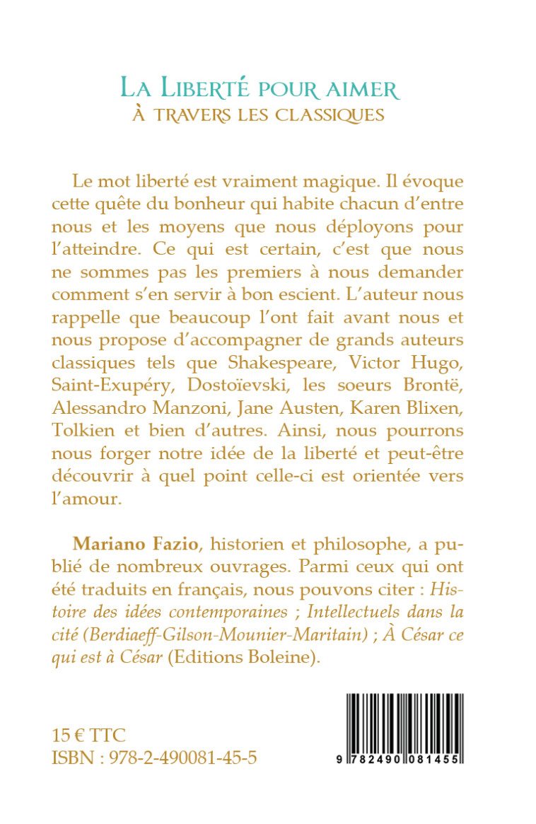 La liberté pour aimer à travers les classiques - Mariano FAZIO - BOLEINE